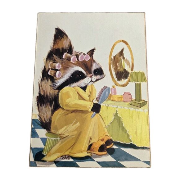 4 VINTAGE 60's Cartoon RACOON Pictures BATHROOM Artwork CRICKETT Wall Plaque SET - Picture 2 of 7